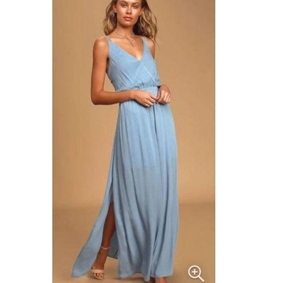 Lulus Womens Lost In Paradise Maxi V Neck Flowy Formal Dress Slate Blue - Picture 2 of 16